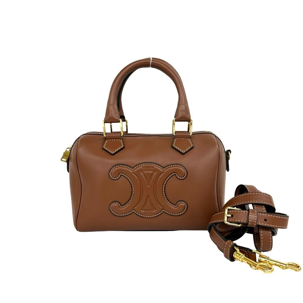 CELINE Cuir Triomphe Leather 2-way Handbag Mini Boston Bag Shoulder Brown 44160